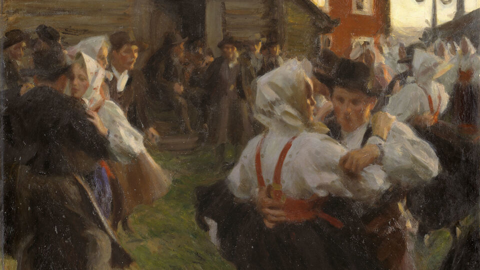 Målning som föreställer dansande par vid en midsommarstång.