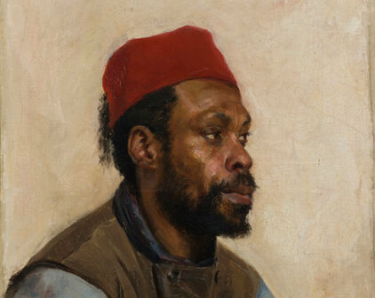 Målat portrtätt av en afrikansk man. Han är klädd i blå skjorta, brun väst och en röd fez.